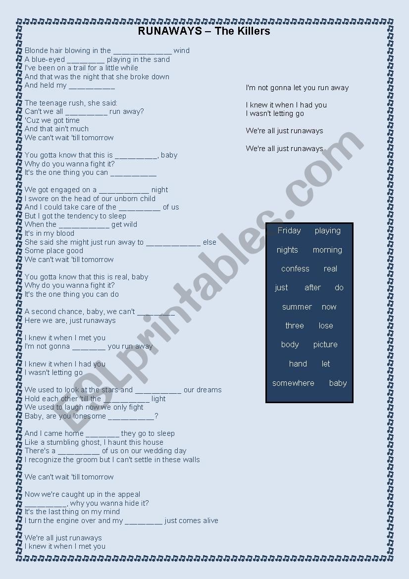 Runaways - The Killers worksheet