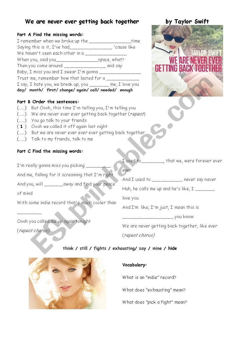 We Are Never Ever Getting Back Together By Taylor Swift Esl Worksheet By Piet