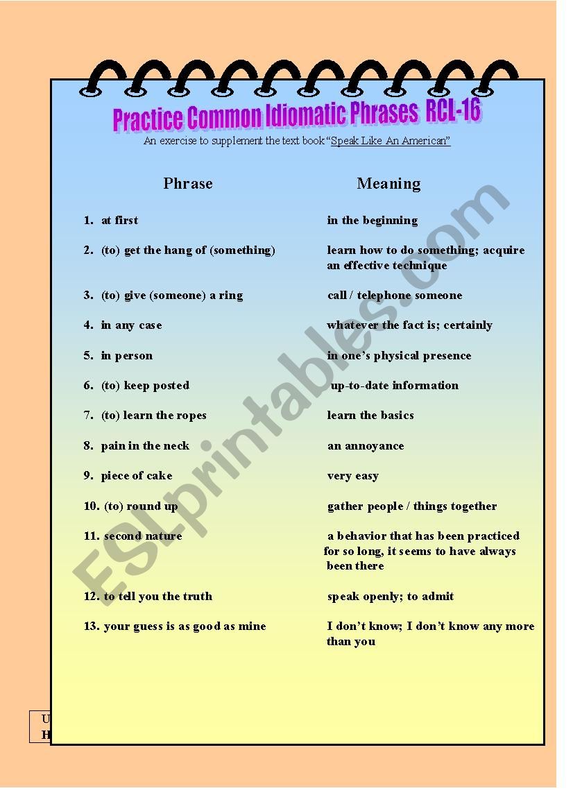 Practice Common Idomatic Phrases RCL-16 description