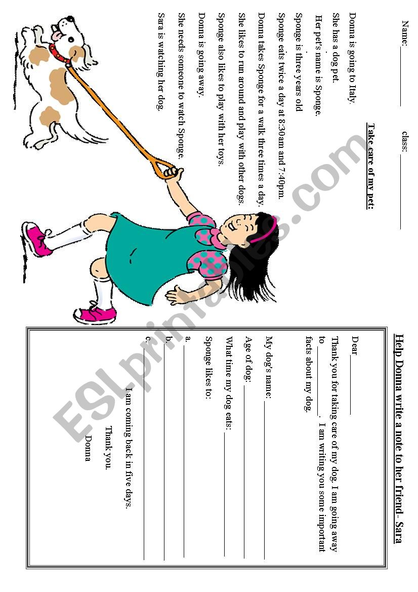 Take care of my pet - Note worksheet