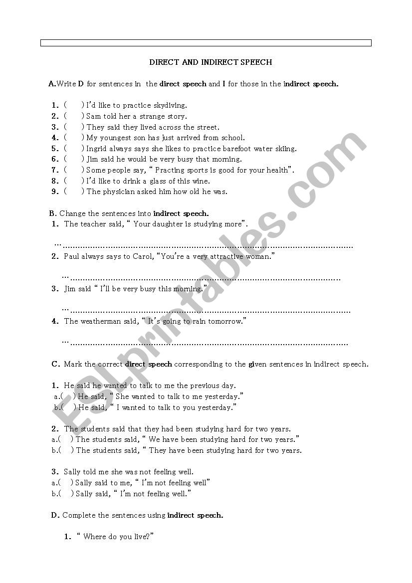 direct and indirect speech worksheet