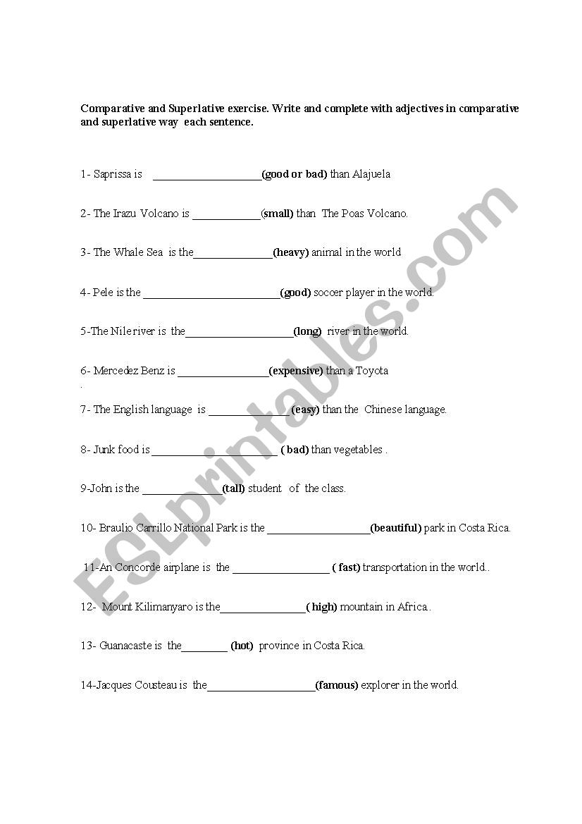 Comparative and Superlative worksheet