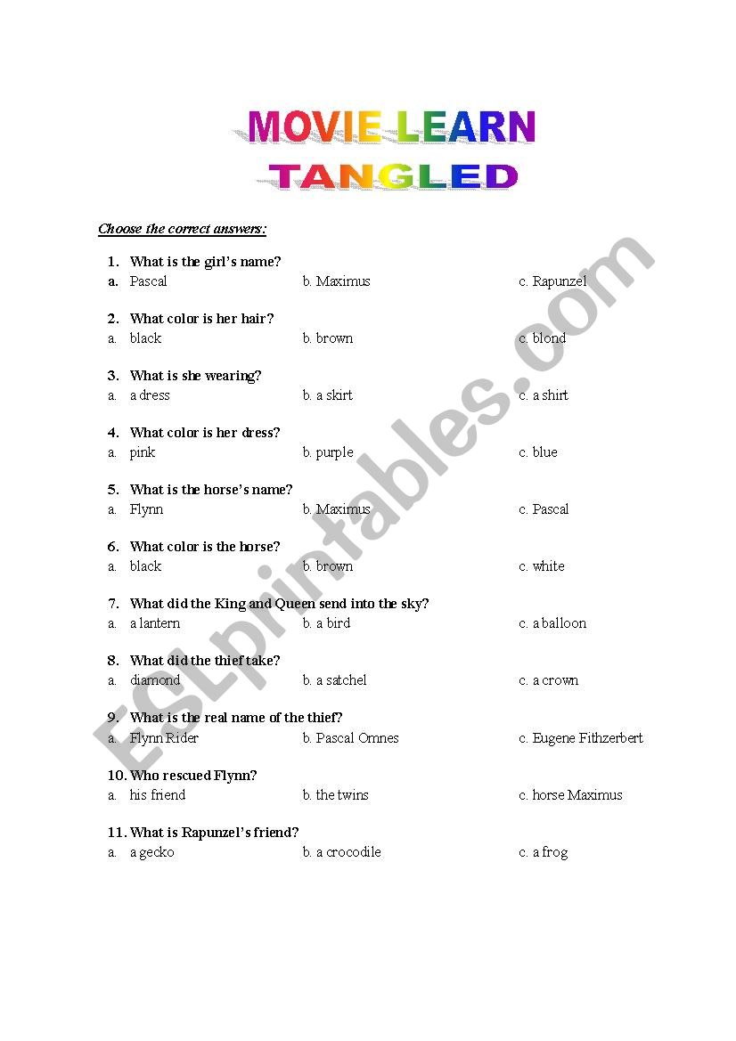 TANGLED -QUESTIONAIRES worksheet