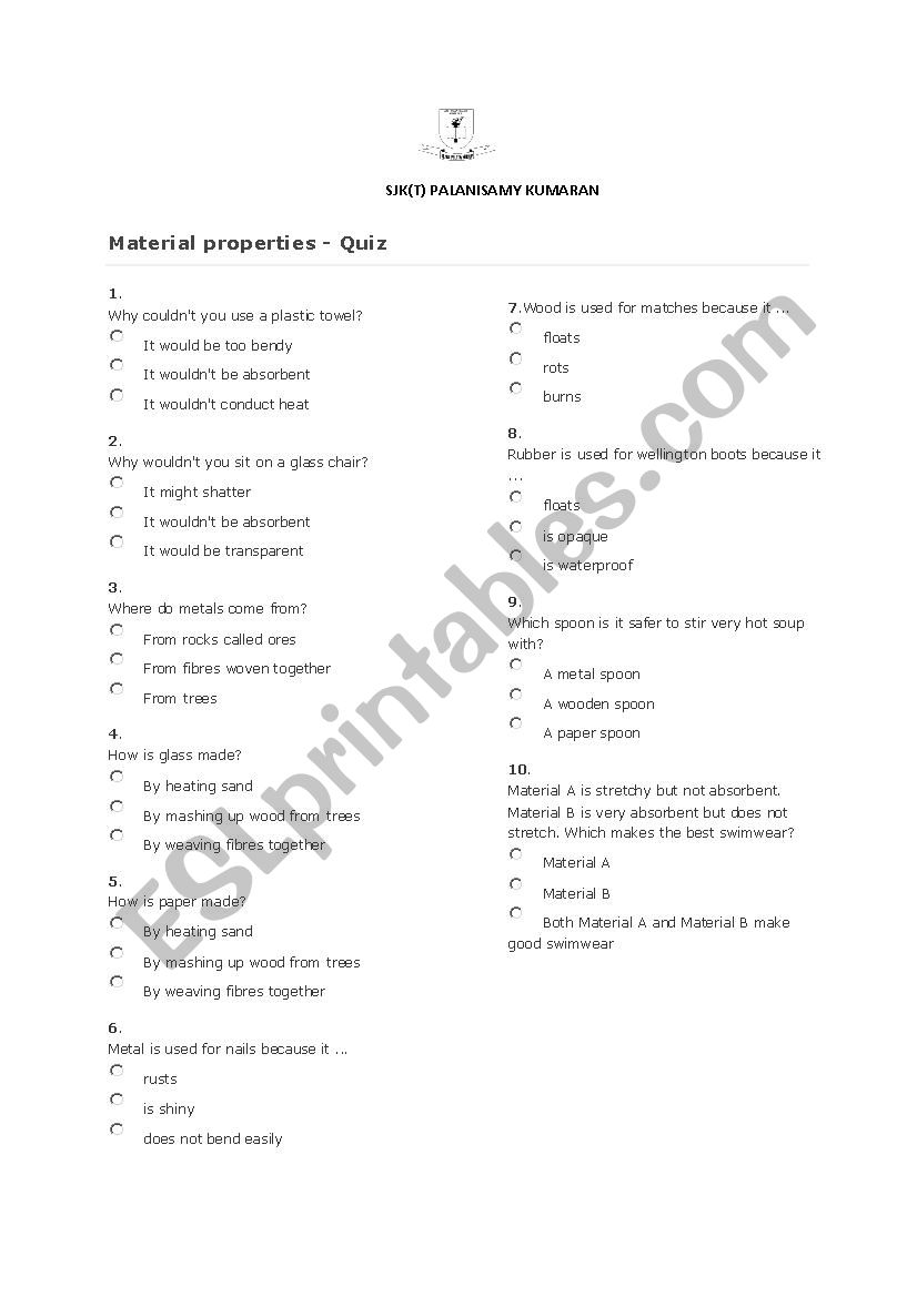 material  worksheet