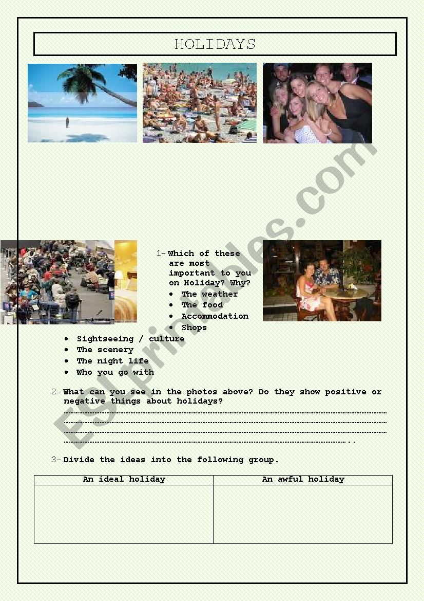 holidaying worksheet