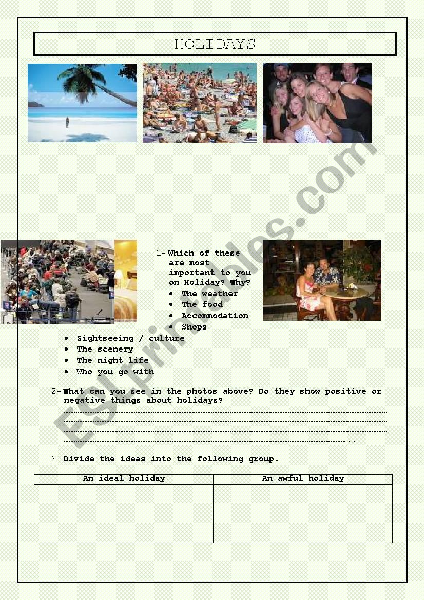 holidaying worksheet