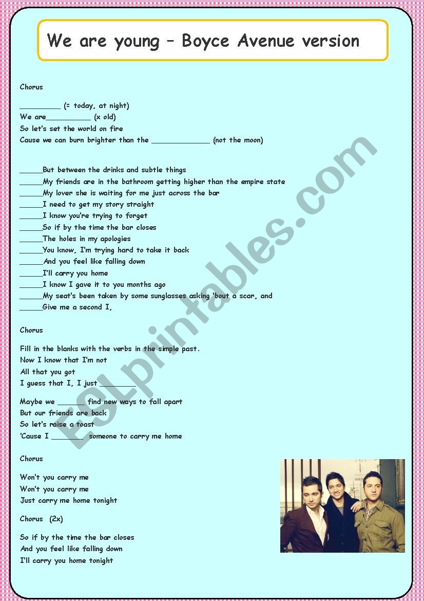 Listening comprehension : Song : we are young (Boyce Avenue version) 