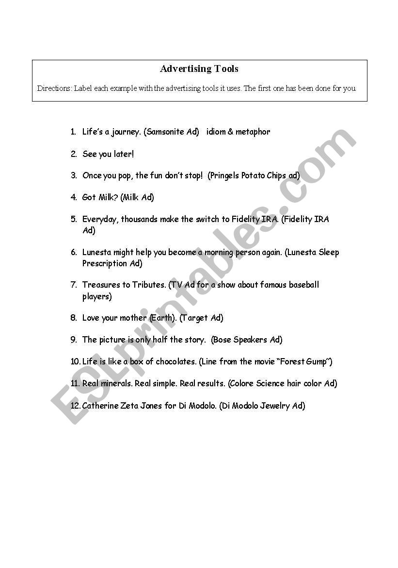 Advertising Terms Worksheet worksheet