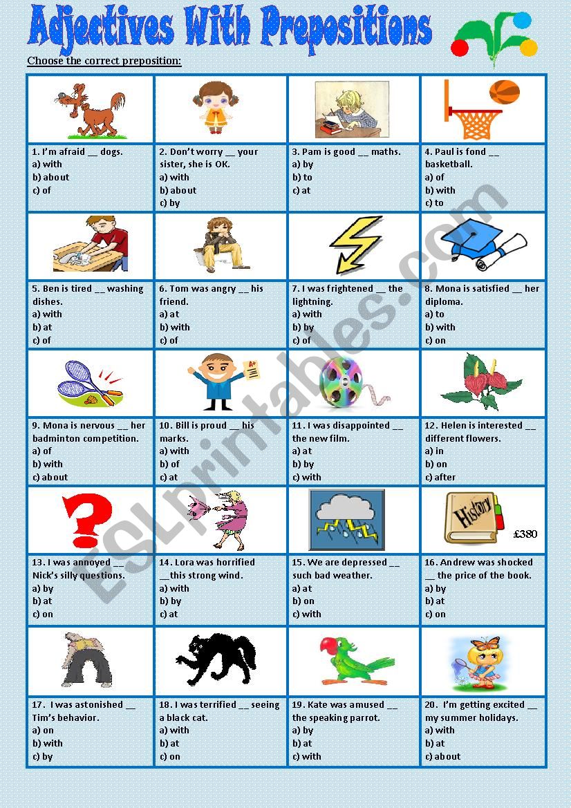 Adjectives with prepositions worksheet