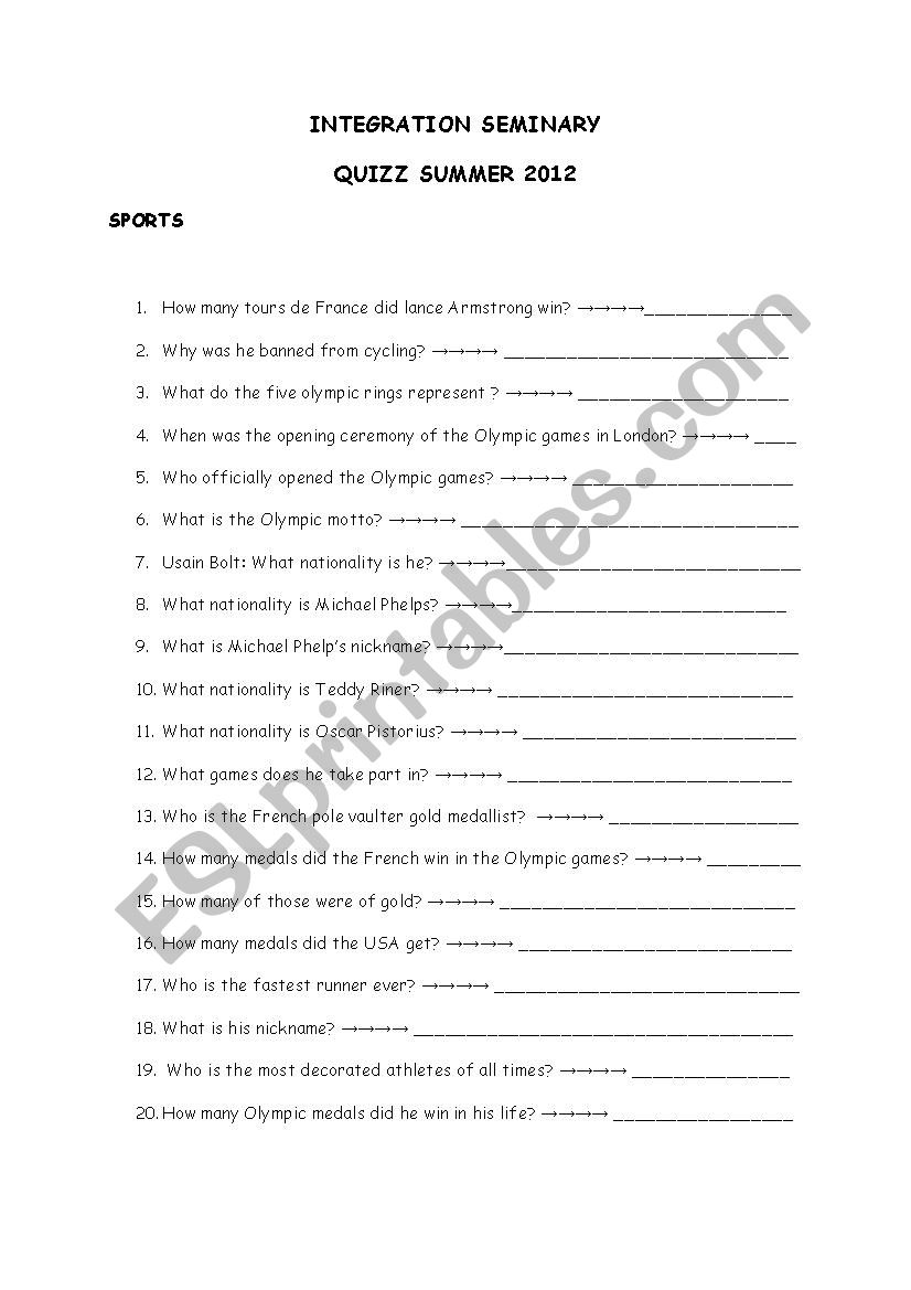 QUIZZ SUMMER 2012 worksheet