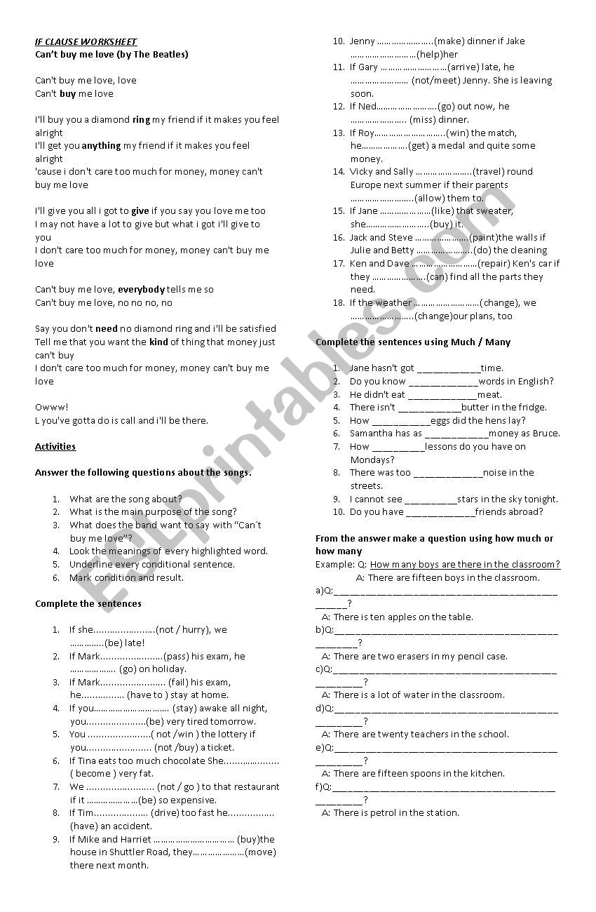 song worksheet 1st conditional 