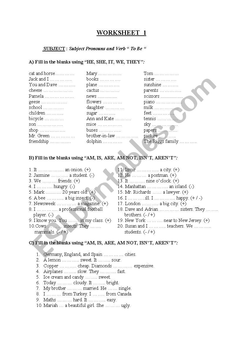 Subject Pronous worksheet