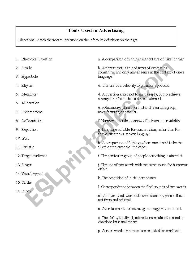 Advertising Terms Matching Worksheet