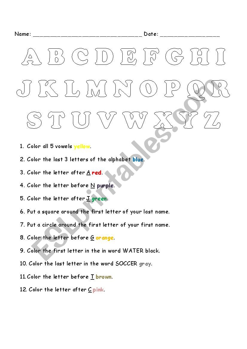 ABC Color Activity - with prepositions before, after, first and last