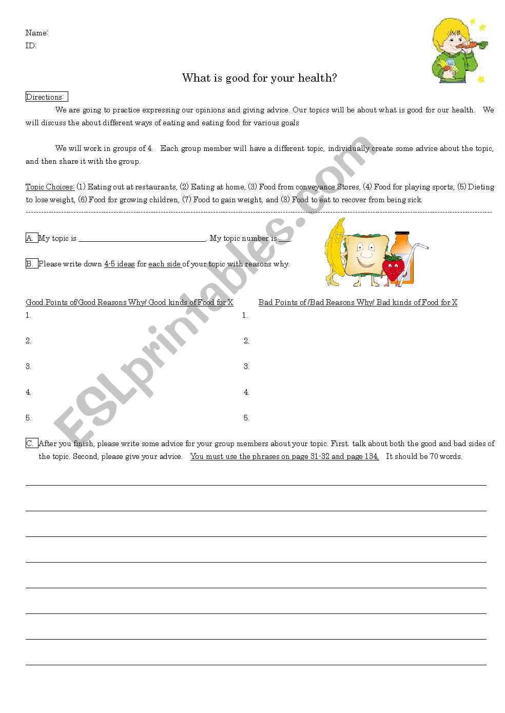 Health and Advice Project worksheet