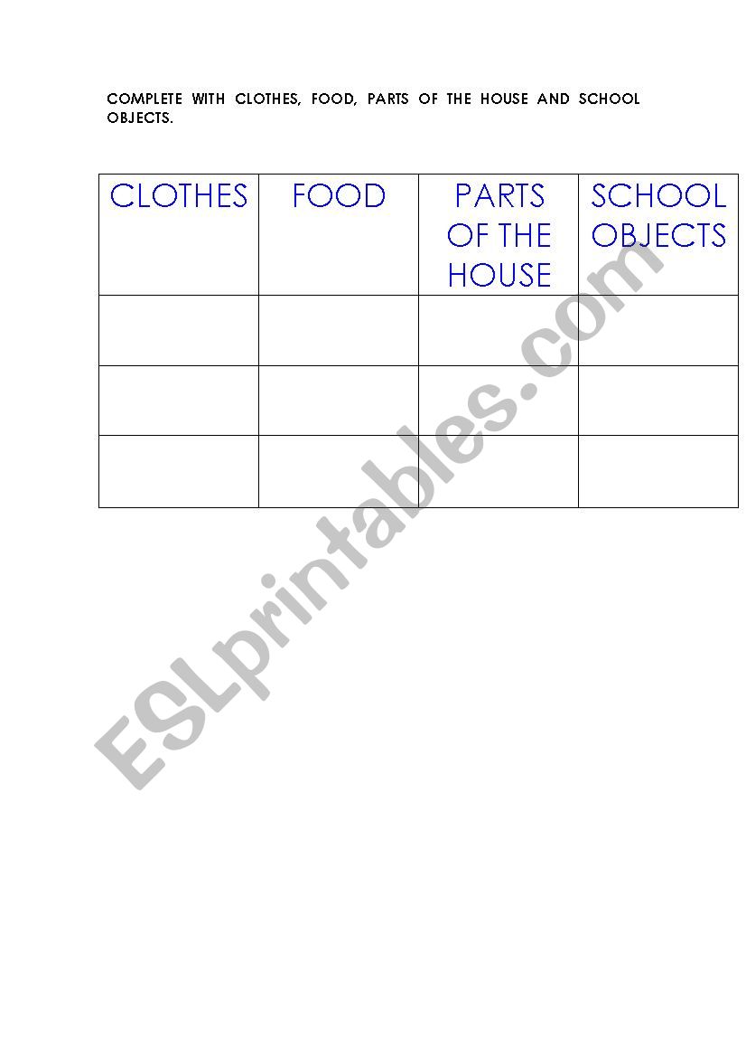 parts of the house, school objects, food and clothes