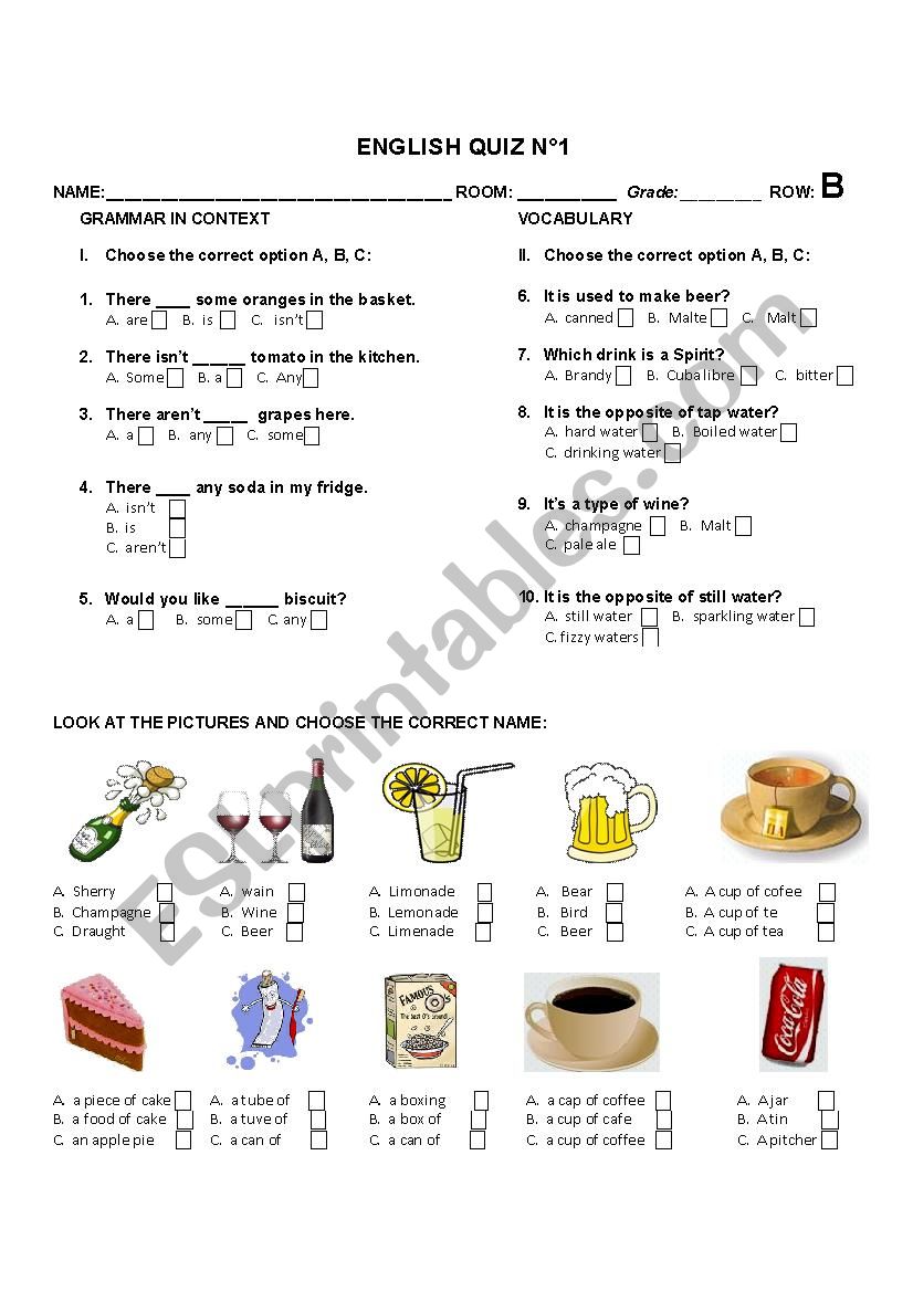 This an UPDATED quiz based on uses of SOME / ANY / A / AN + there is / are and Containers full English -  ROW B