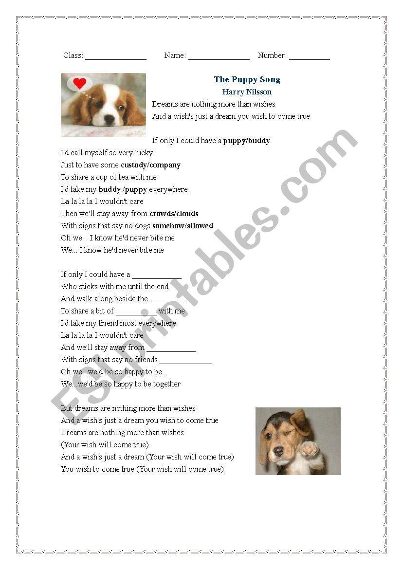 The Puppy Song worksheet
