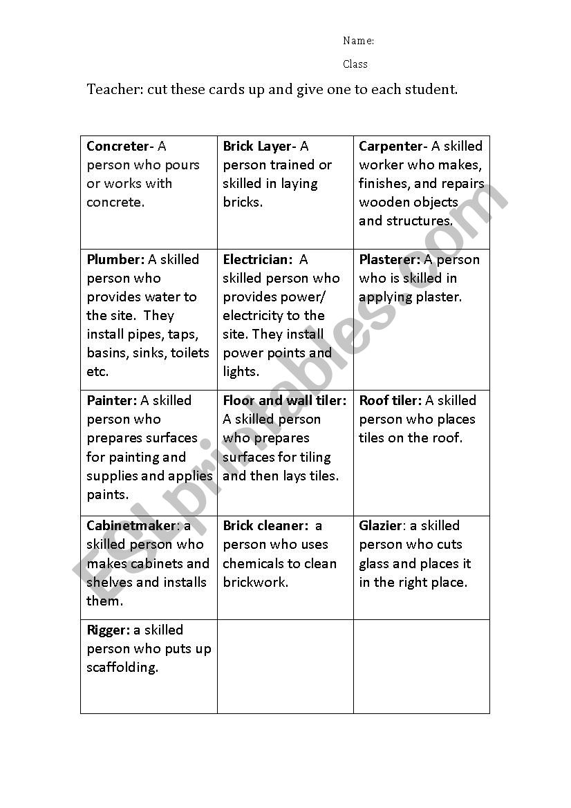 Tradesmen worksheet