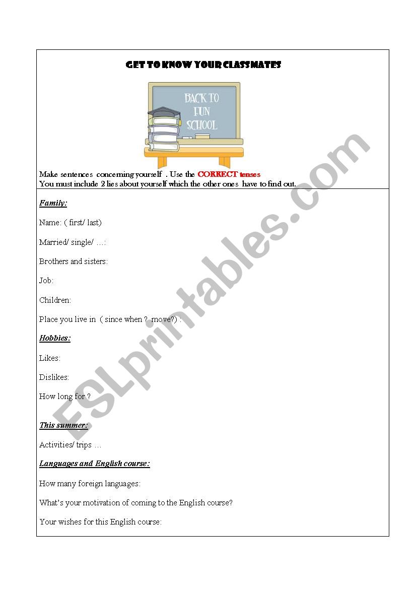 Get to know your classmate worksheet