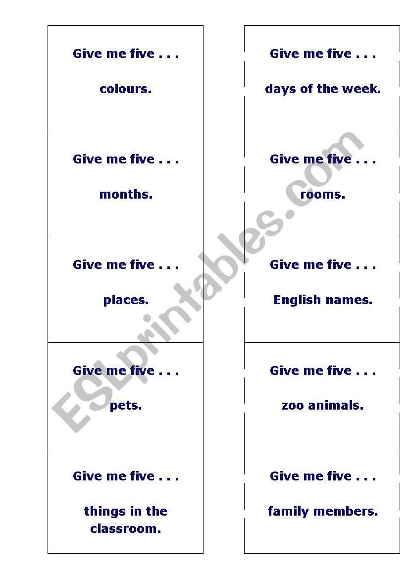 Give me five! worksheet