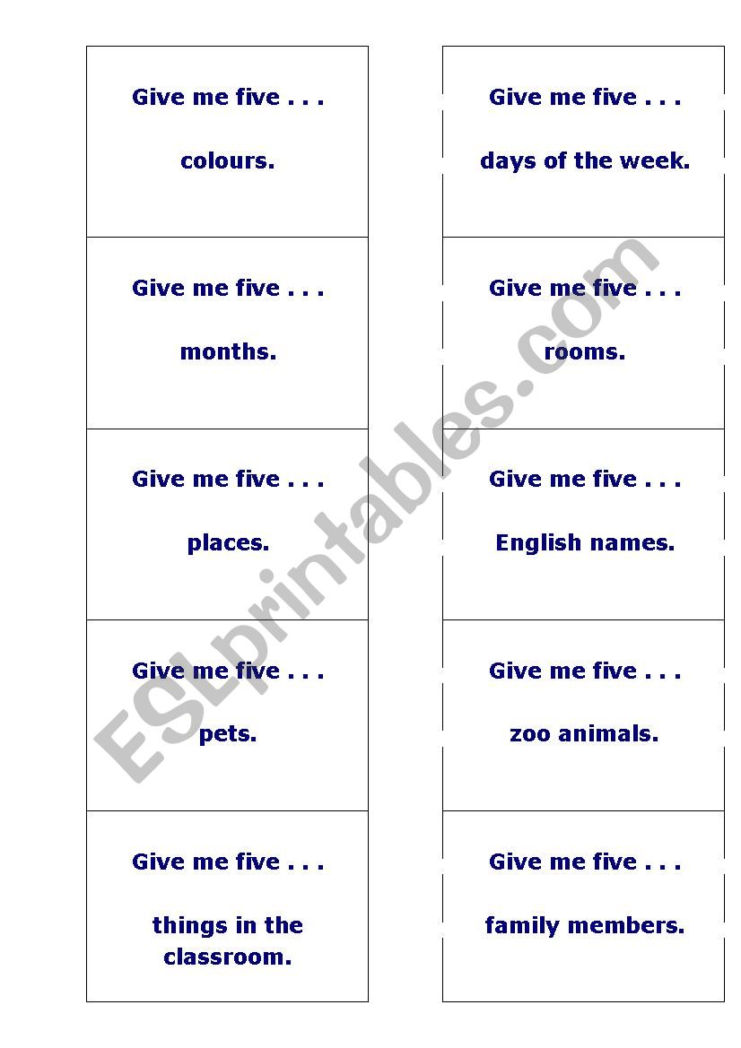 Give me five! worksheet