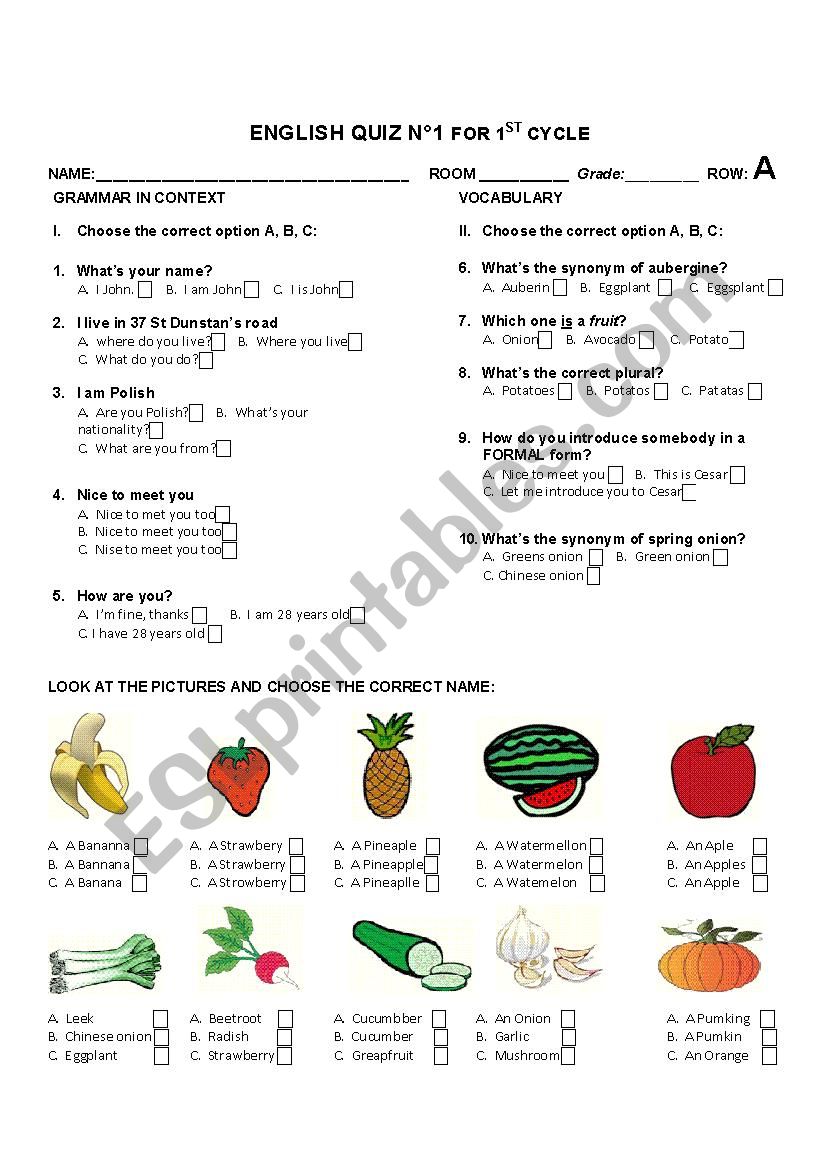 Quiz based on Common questions, greetings, synonyms, fruit and vegetables - row A