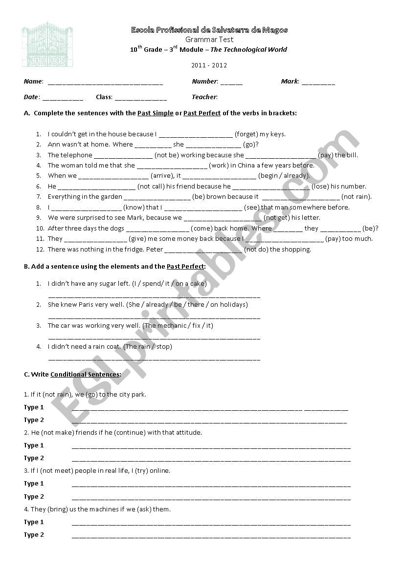 Grammar test worksheet