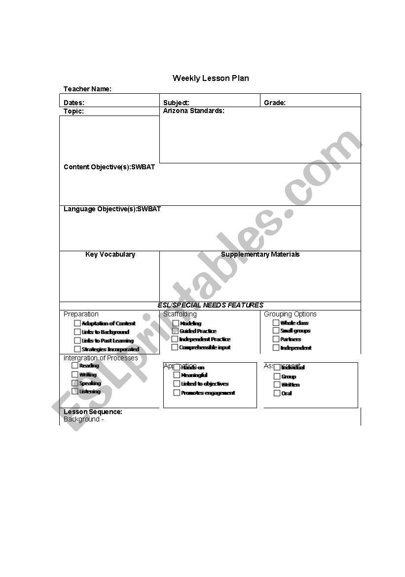 Weekly Lesson (With space for ESL inclusion activites)