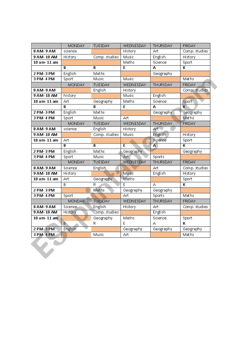 School Timetable Role Play worksheet