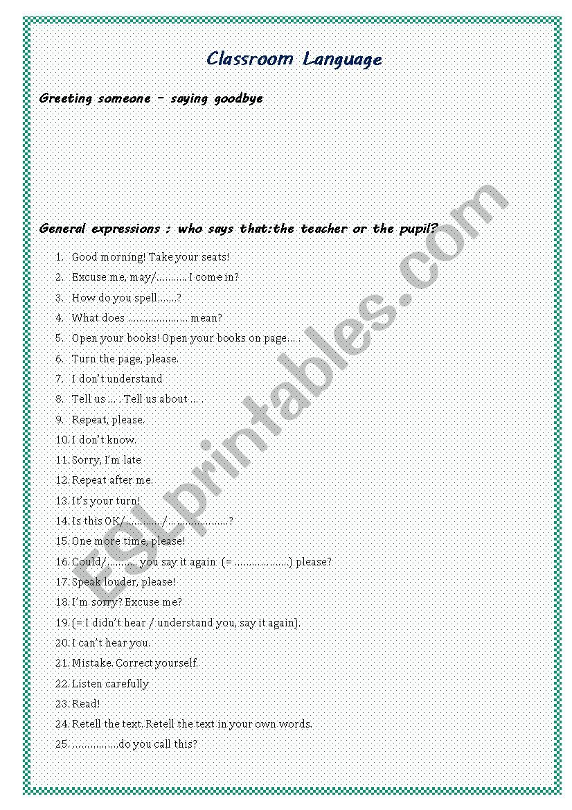 classroom language worksheet