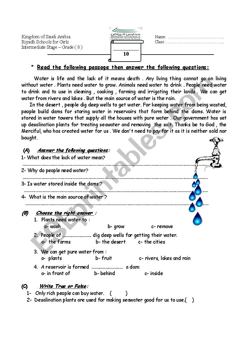 reading comprehention - water worksheet