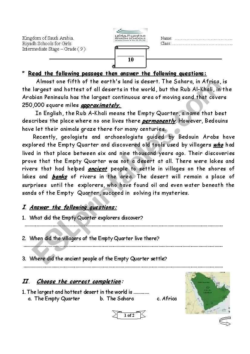 reading comprehention - deserts