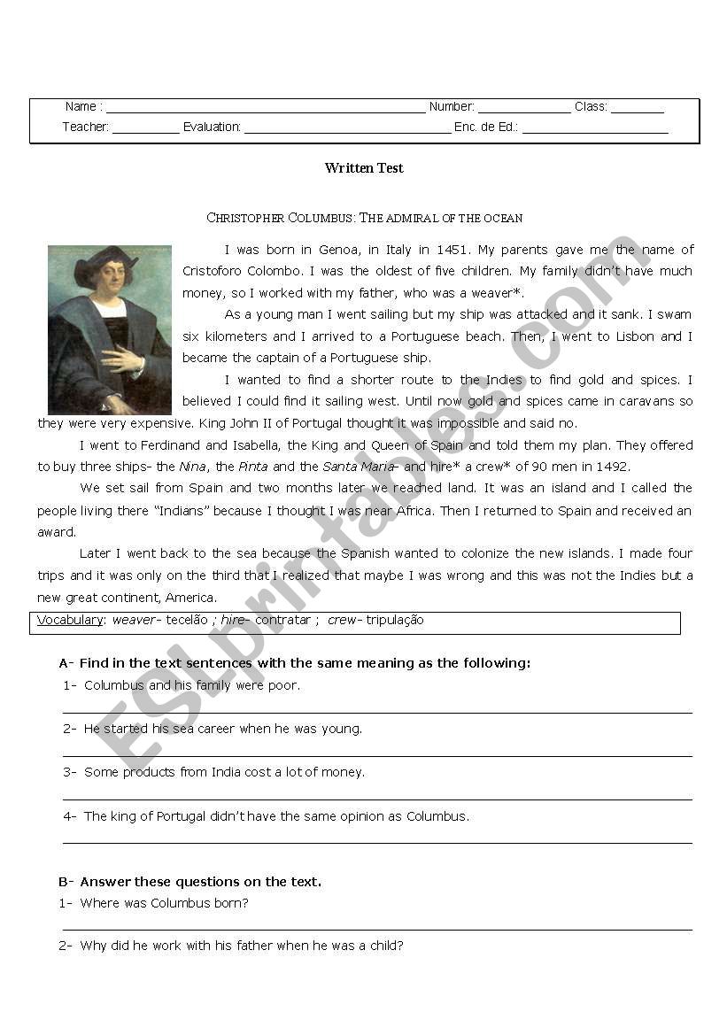 CHRISTOPHER COLUMBUS worksheet