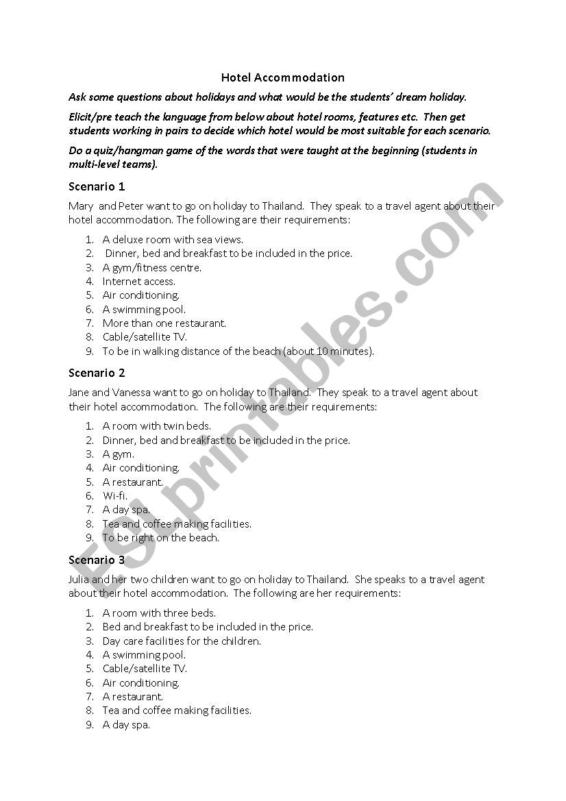 Hotel accommodation worksheet