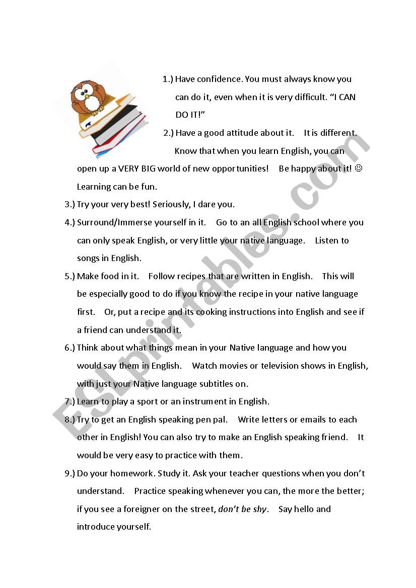 Advice for ESL students worksheet