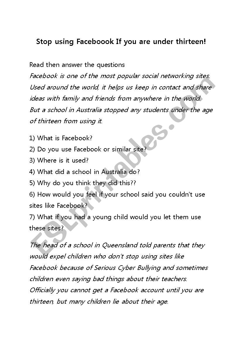 Banning Facebook worksheet