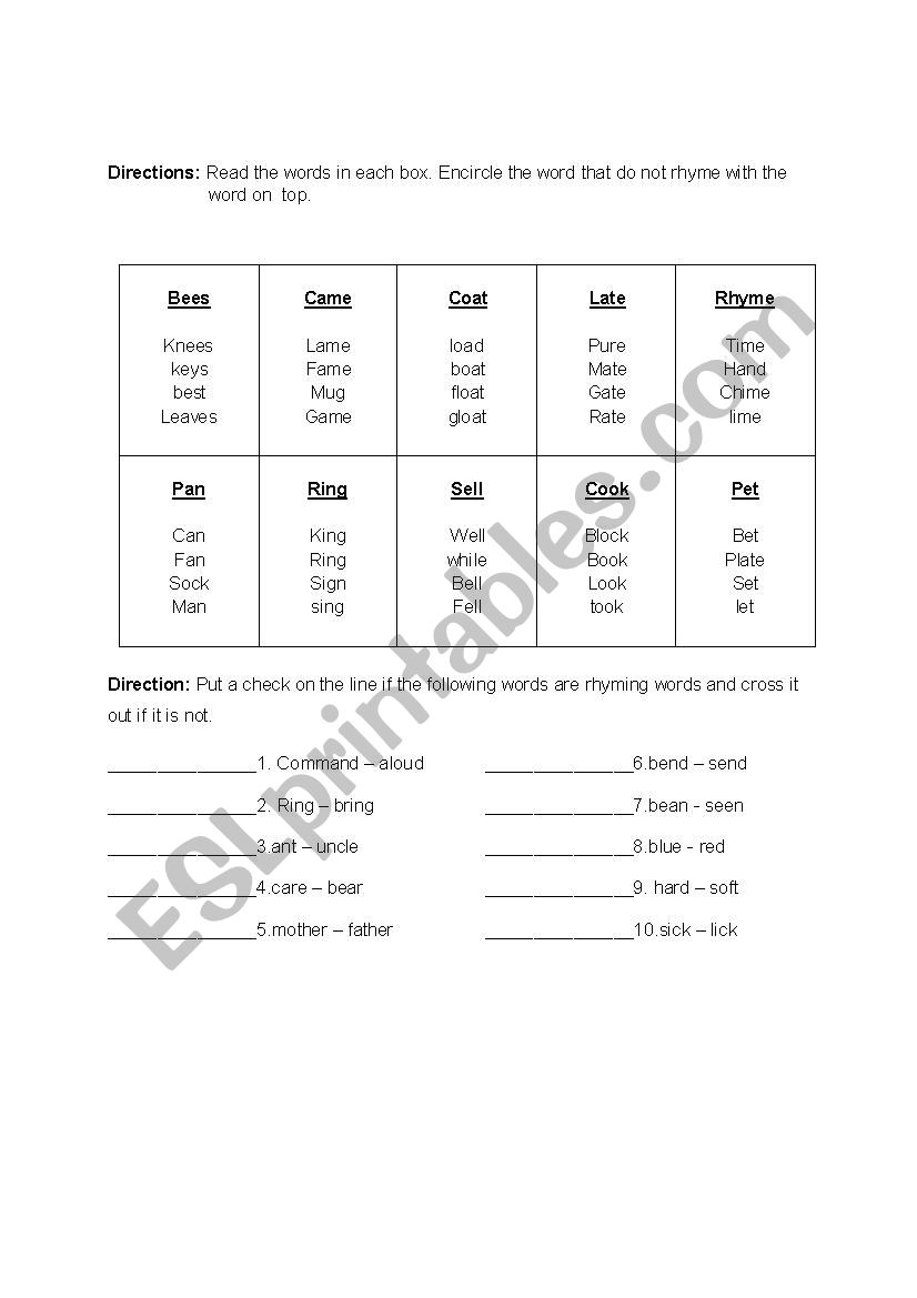 rhyming words worksheet