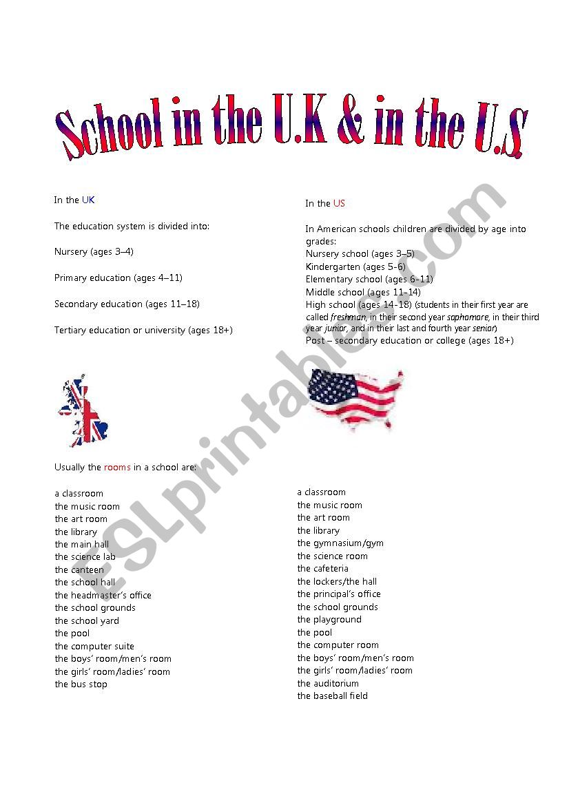 School in the UK and US worksheet