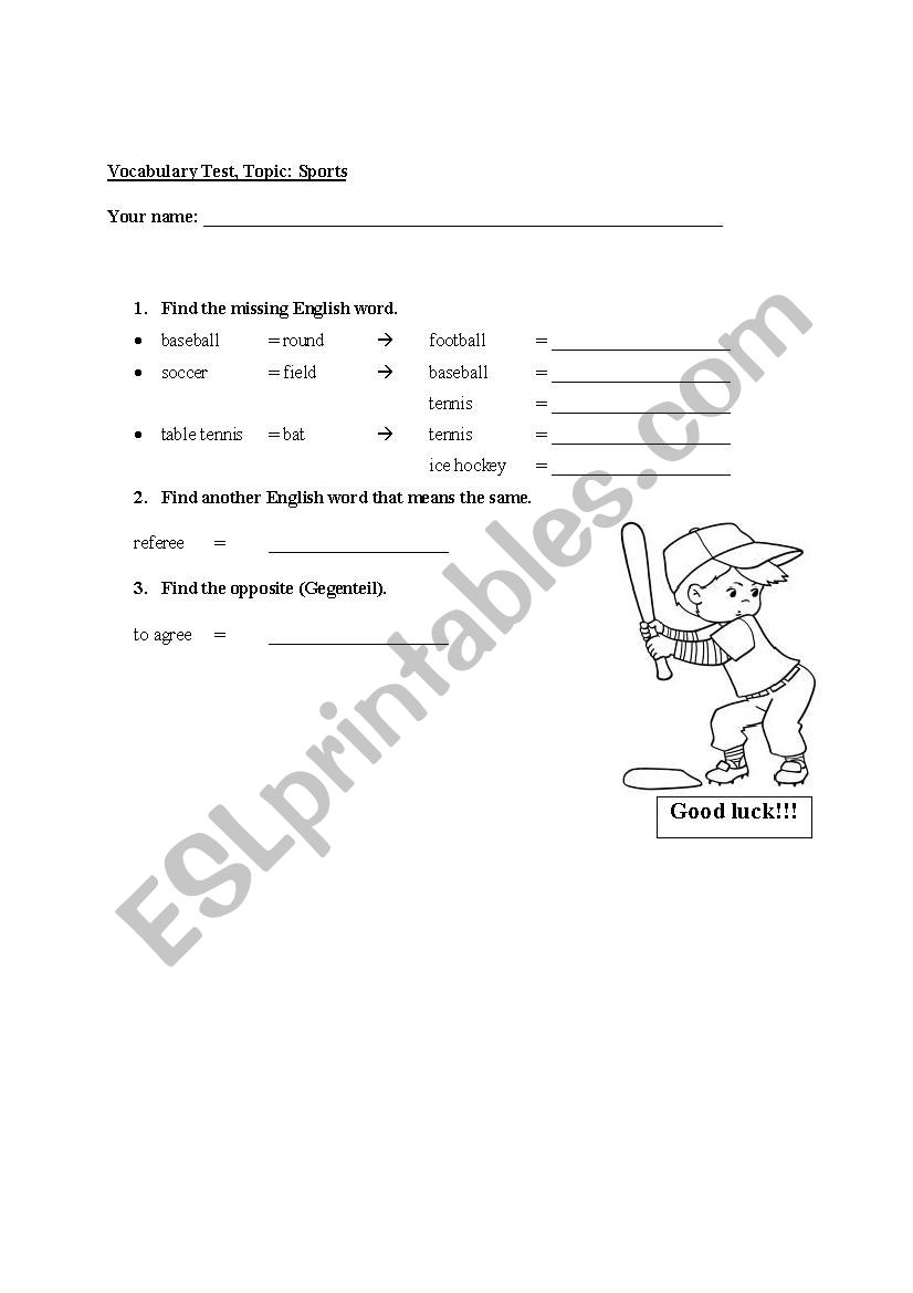Vocabulary test, Topic: SPORTS
