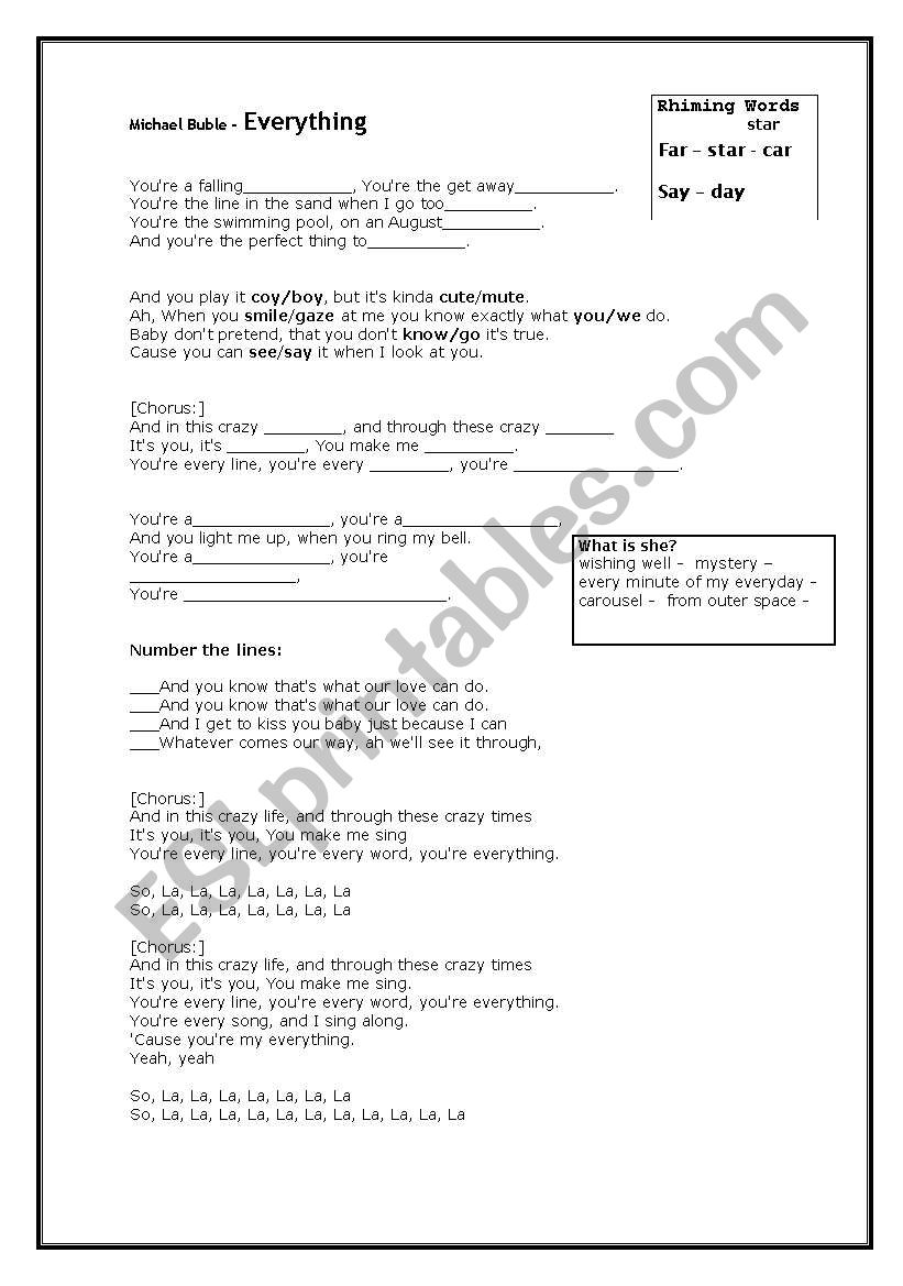 Everything by Michael Buble worksheet