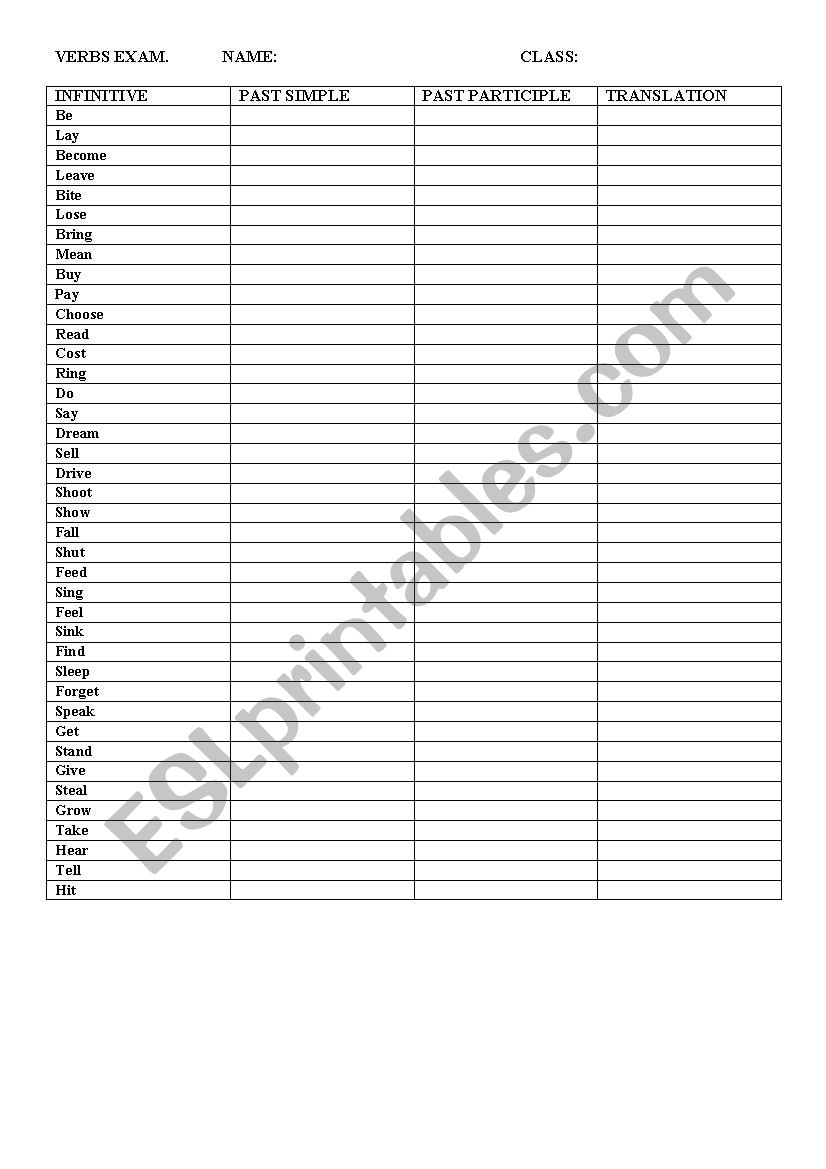 irregular verb grid worksheet