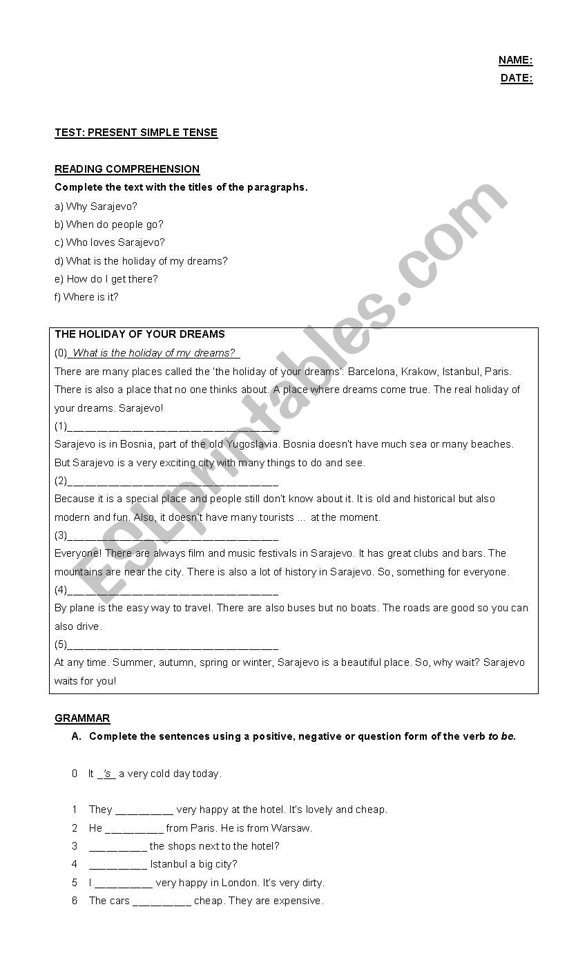 present simple test worksheet