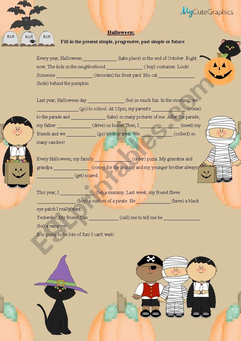 Halloween - Present simple, present progressive, past simple and future