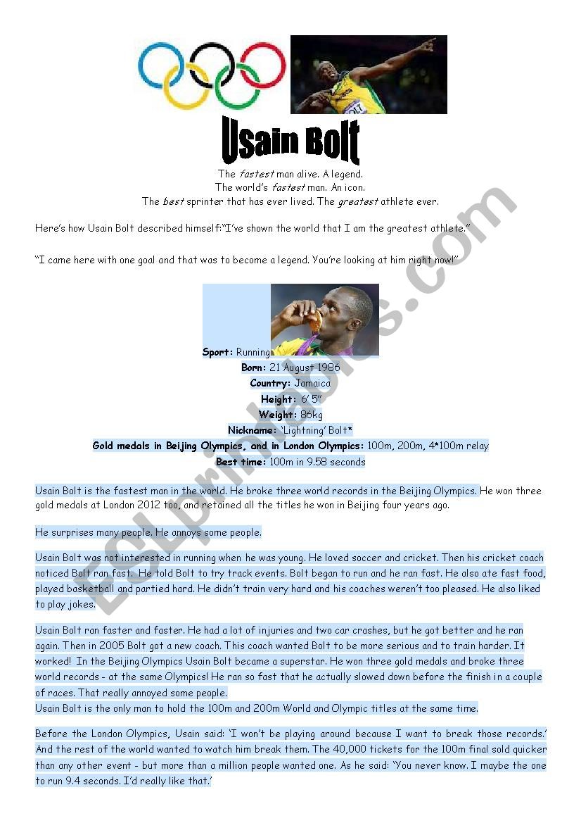 Usain Bolt worksheet