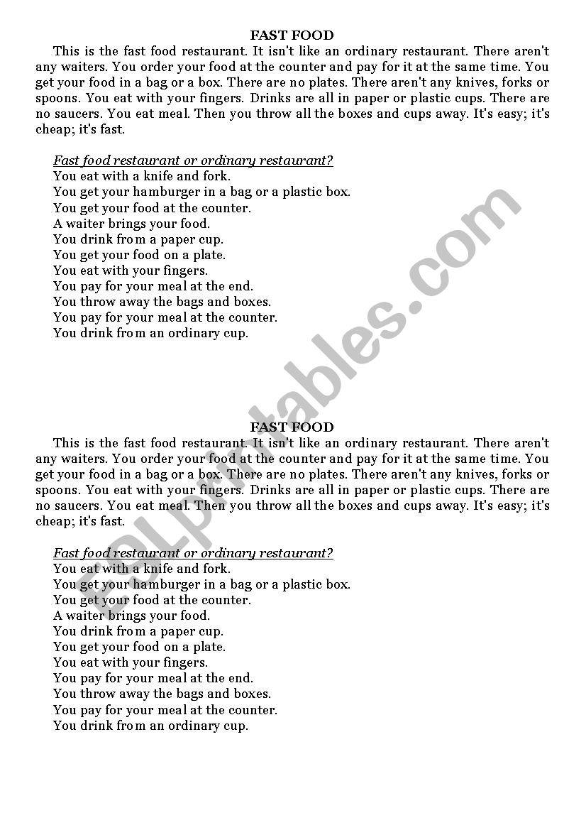 food worksheet