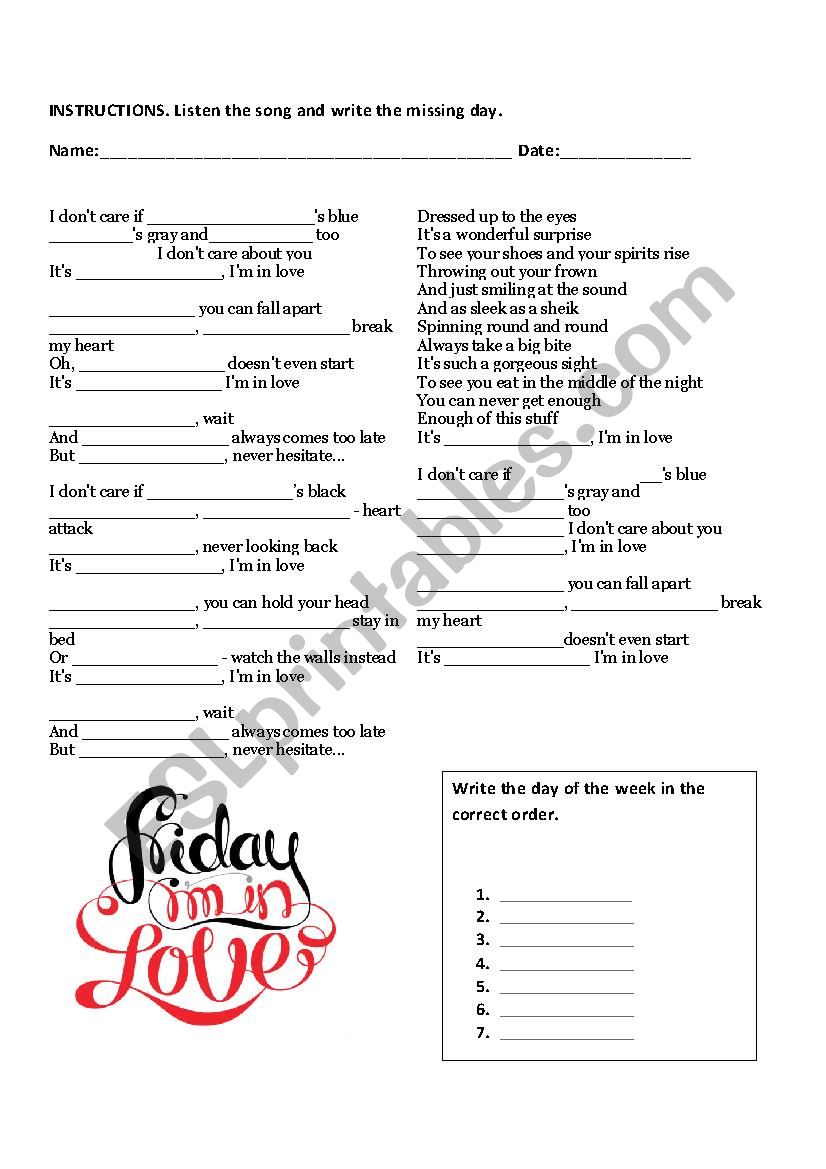 DAYS OF THE WEEK SONG worksheet