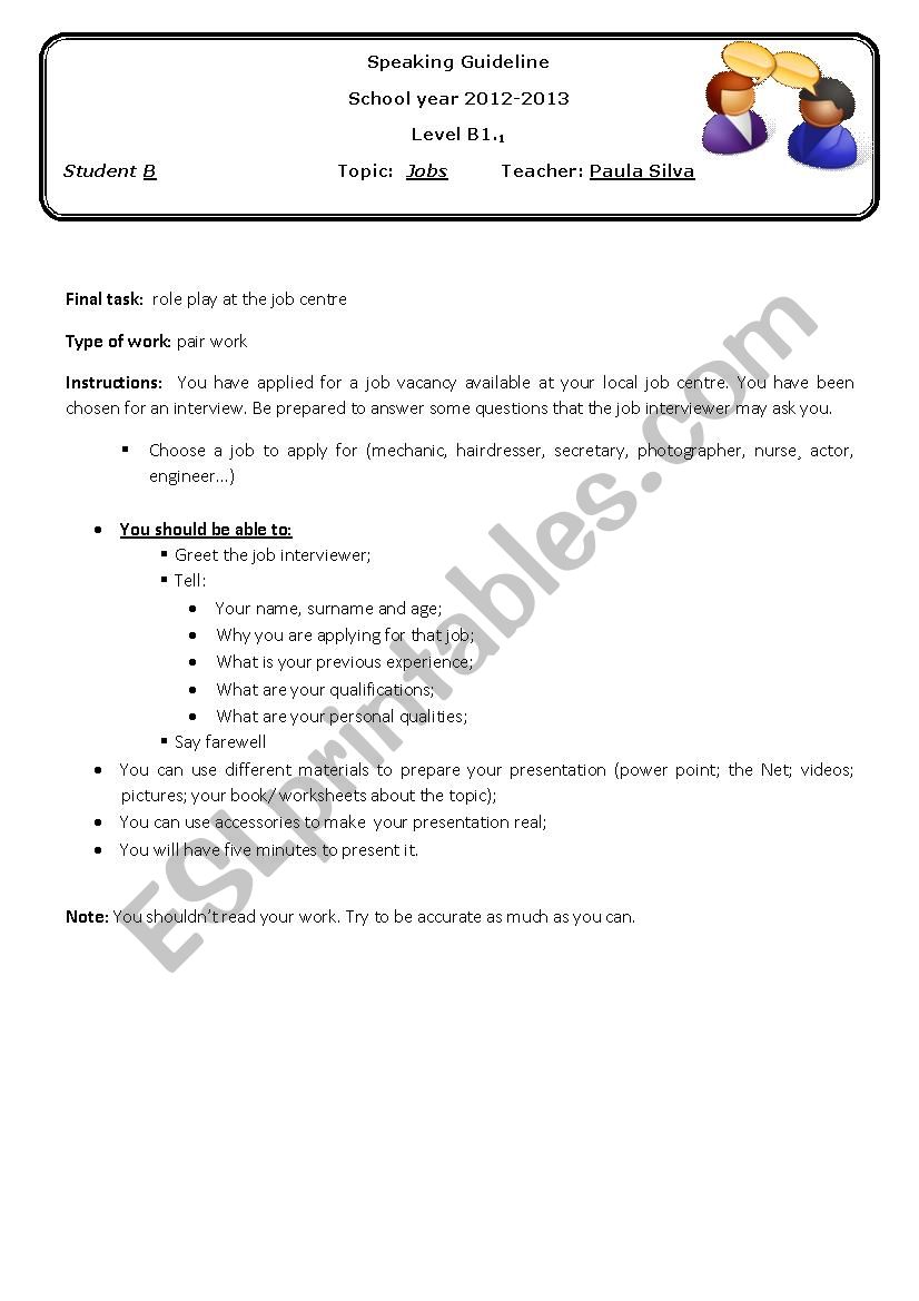 Speaking guideline PART 2 worksheet