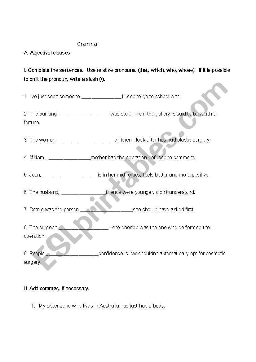 adjective clauses worksheet