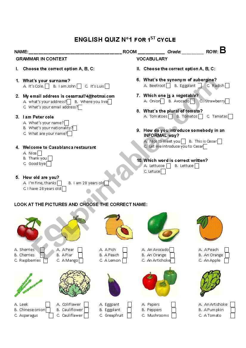 Quiz based on Common questions, synonyms, fruit and vegetables - row B